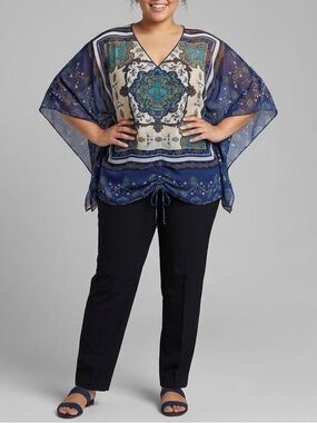 Hannah Woman 1X Blue Paisley Beaded Sheer Chiffon Poncho Kaftan Cinch Blouse